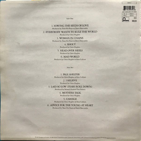 Tears For Fears - Tears Roll Down (Greatest Hits 82-92) (LP, Comp)