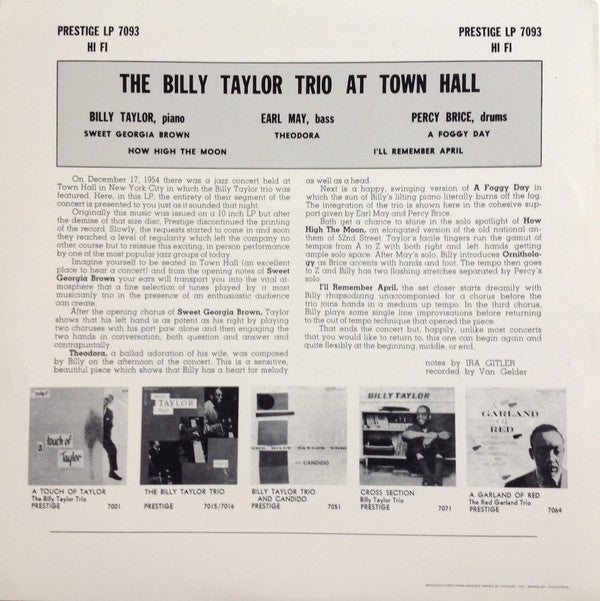 Billy Taylor Trio - At Town Hall (LP, Album, RE)