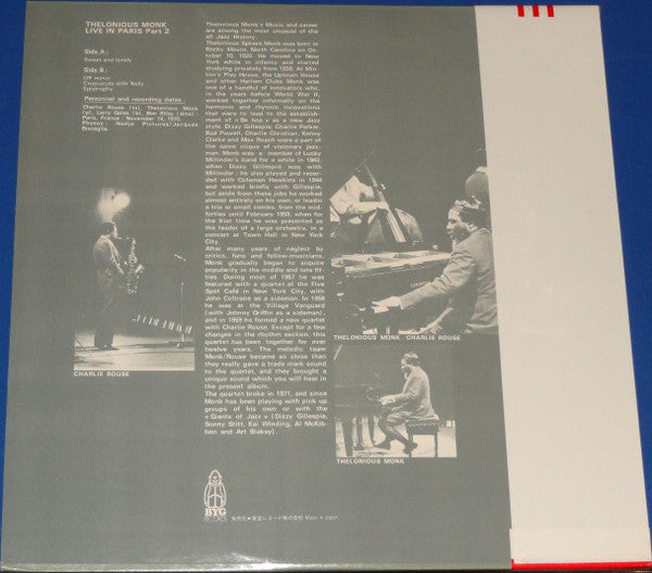 Thelonious Monk - Live In Paris Part 2 (LP, Album)