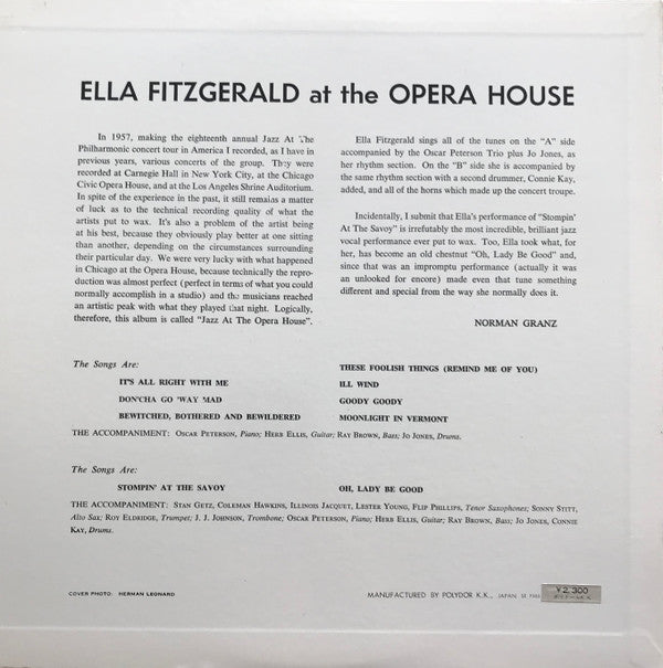 Ella Fitzgerald - Ella Fitzgerald At The Opera House(LP, Album, Mon...