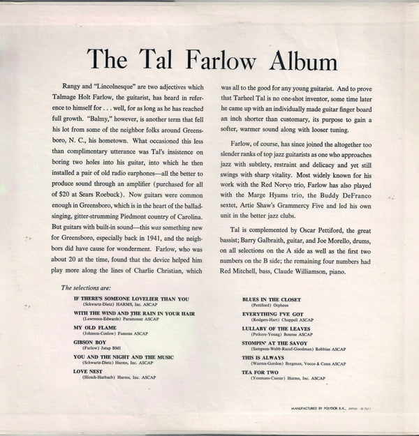 Tal Farlow - The Tal Farlow Album (LP, Album, Mono, RE)