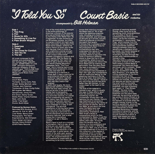 Count Basie And His Orchestra* - I Told You So (LP)
