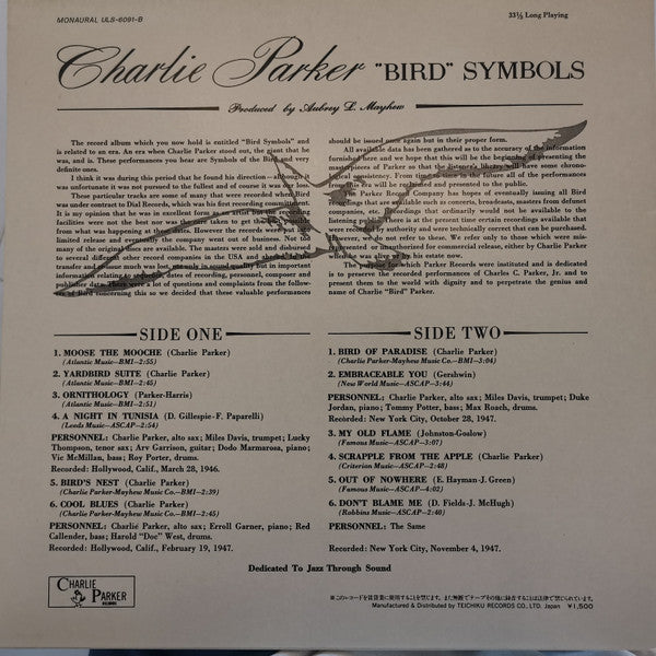 Charlie Parker - ""Bird"" Symbols (LP, Comp, Mono, RE)