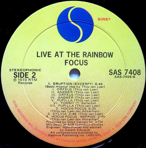 Focus (2) - Live At The Rainbow (LP, Album, Mon)