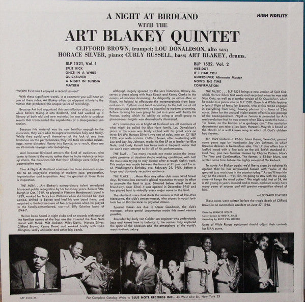 Art Blakey Quintet - A Night At Birdland Volume 1(LP, Album, Limite...