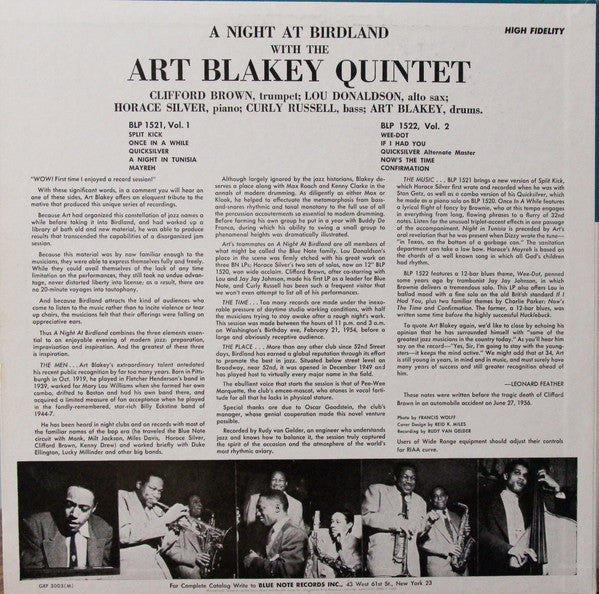 Art Blakey Quintet - A Night At Birdland Volume 1(LP, Album, Mono, ...