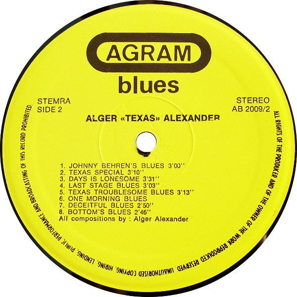 Alger ""Texas"" Alexander* - Texas Troublesome Blues (LP, Comp)