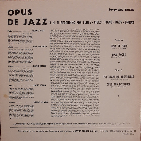 Milt Jackson - Opus De Jazz(LP, Album, Mono, RE)