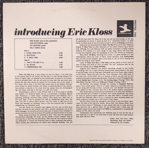 Eric Kloss With Don Patterson - Introducing Eric Kloss (LP, Album, RE)