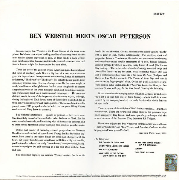 Ben Webster - Ben Webster Meets Oscar Peterson(LP, Album, RE, 180)