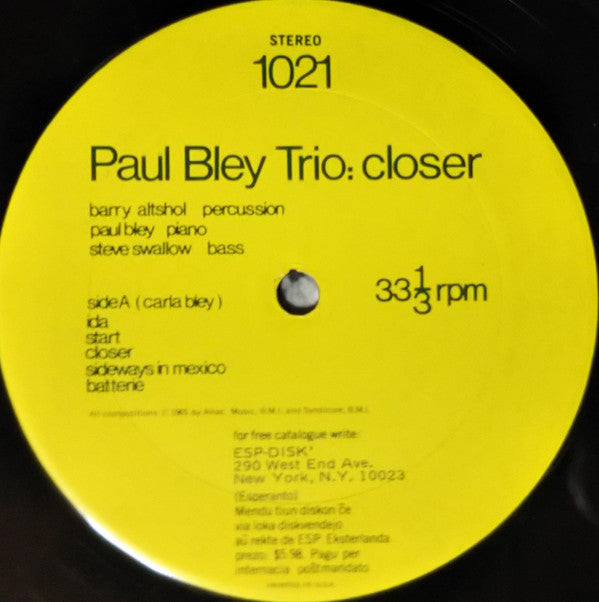 Paul Bley Trio - Closer (LP, Album, RE)