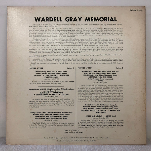 Wardell Gray - Memorial Volume 1 (LP, Album, RE)