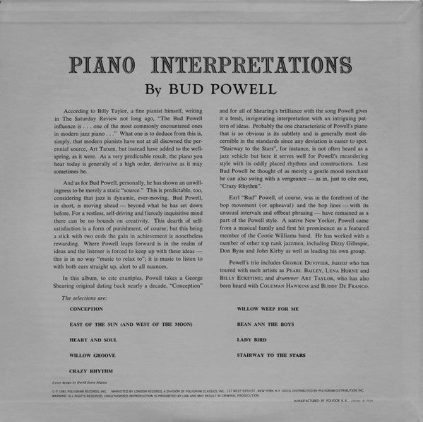 Bud Powell - Piano Interpretations By Bud Powell (LP, RE)