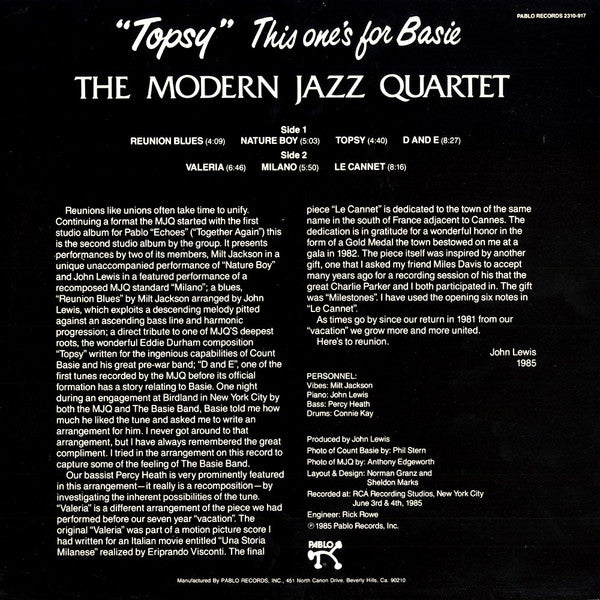 The Modern Jazz Quartet - ""Topsy"" This One's For Basie (LP)