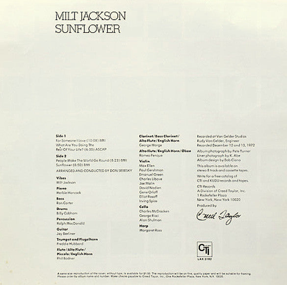 Milt Jackson - Sunflower (LP, Album, Ltd, RE)