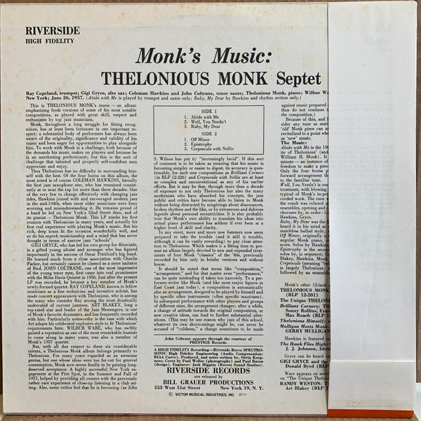 Thelonious Monk Septet - Monk's Music (LP, Album, RE)