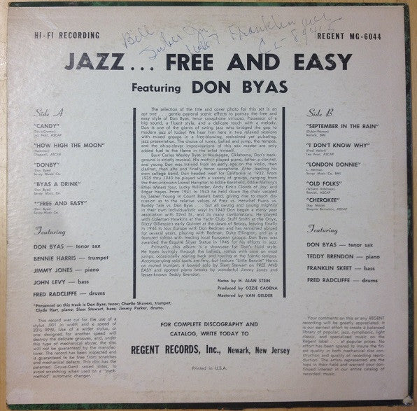 Don Byas - Jazz... Free And Easy (LP, Album, Comp, Mono)