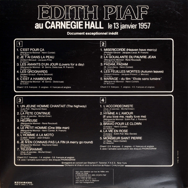 Edith Piaf - Edith Piaf Au Carnegie Hall Le 13 Janvier 1957(2xLP, A...