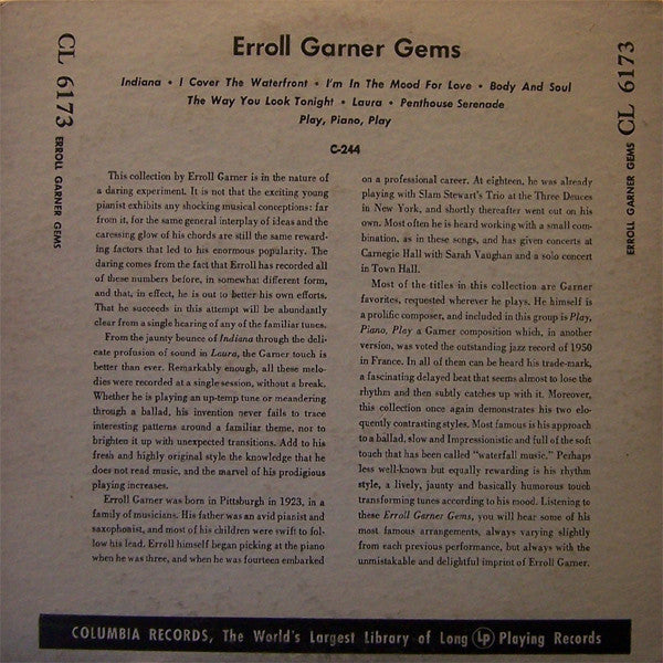 Erroll Garner - Erroll Garner Gems (10"", Album, RP)