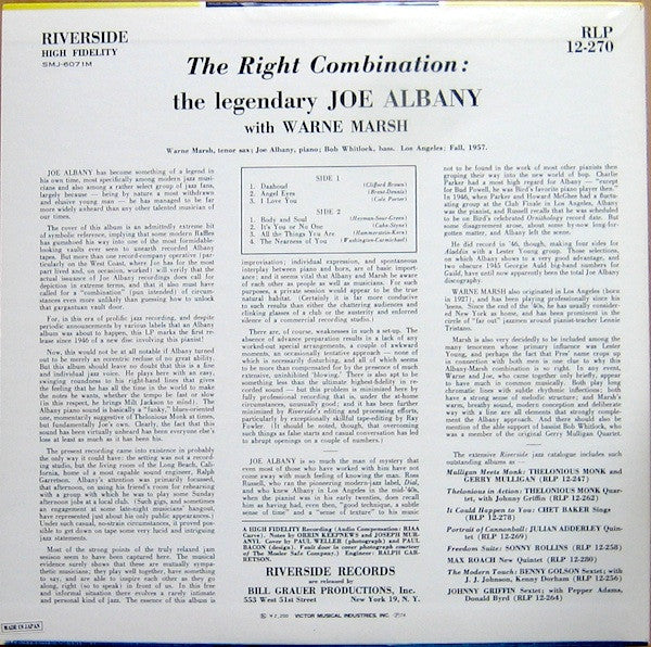 Joe Albany - The Right Combination(LP, Album, Mono, RE)