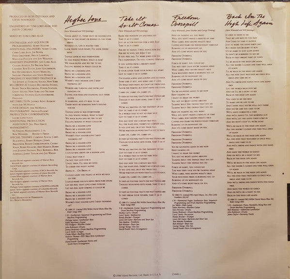 Steve Winwood - Back In The High Life (LP, Album, Club, Spe)