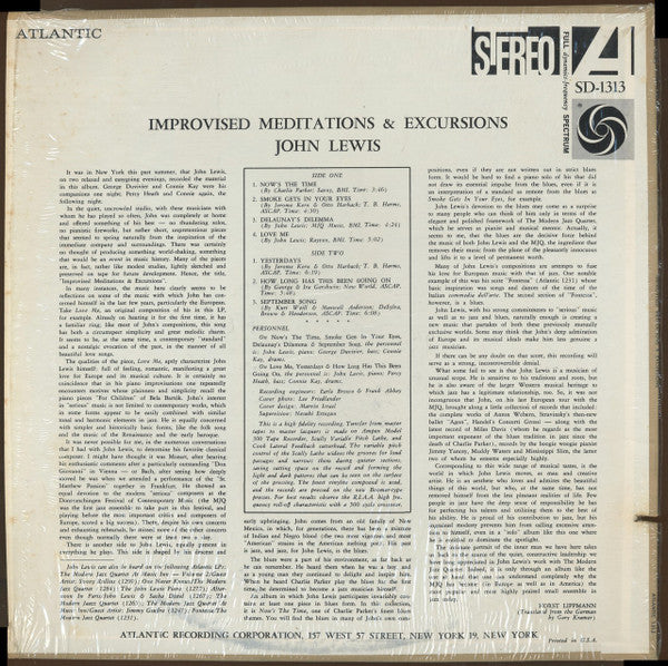 John Lewis (2) - Improvised Meditations & Excursions(LP, Album, RE,...