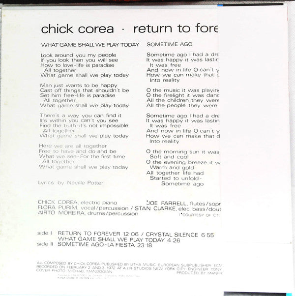 Chick Corea - Return To Forever (LP, Album, RE)