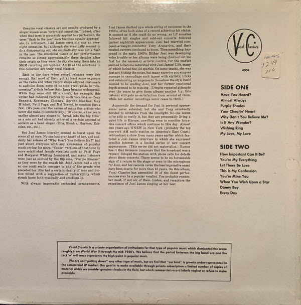 Joni James - Vocal Classics Presents (LP, Album, Comp, Mono)