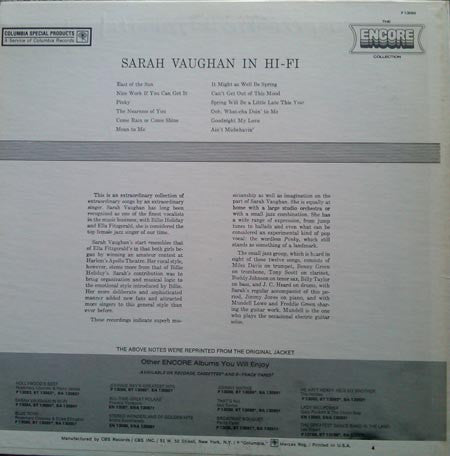 Sarah Vaughan - Sarah Vaughan In Hi-Fi (LP, Album, Mono, RE, Ter)