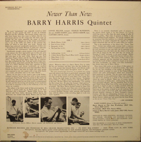 Barry Harris Quintet - Newer Than New (LP, Album, Ltd, RE)