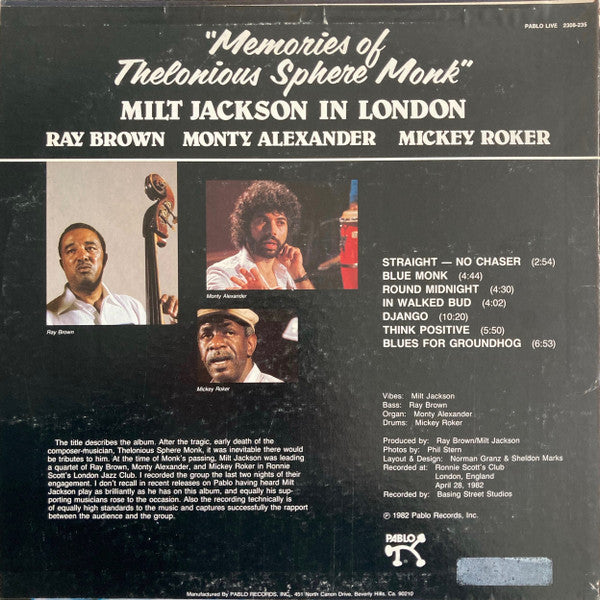 Milt Jackson - Memories Of Thelonious Sphere Monk (Milt Jackson In ...