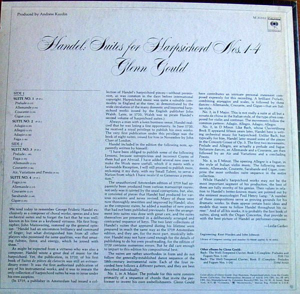 Glenn Gould - Handel* - Suites For Harpsichord Nos. 1-4 (LP, Album)