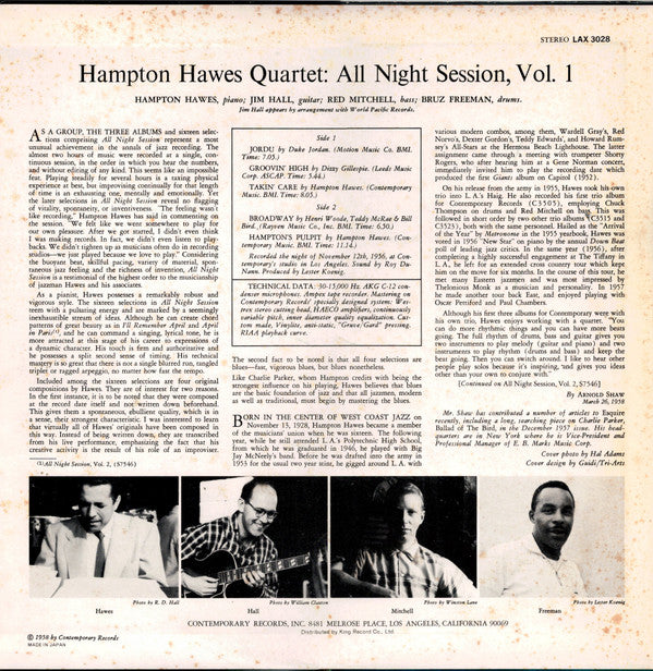 Hampton Hawes Quartet - All Night Session, Vol. 1 (LP, Album, Ltd, RE)