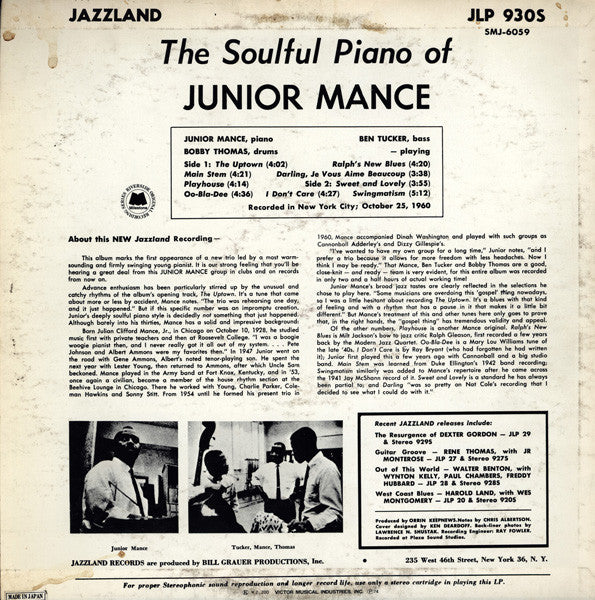 Junior Mance - The Soulful Piano Of Junior Mance (LP, Album, RE)