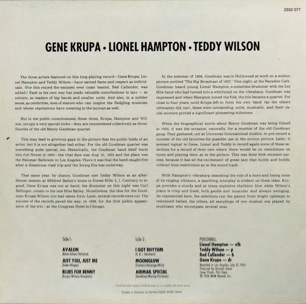 Gene Krupa - Gene Krupa • Lionel Hampton • Teddy Wilson(LP, Album, RE)