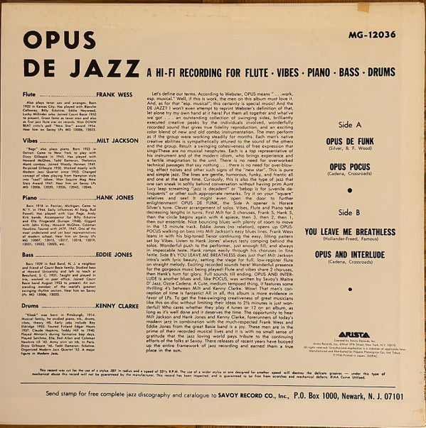 Milt Jackson - Opus De Jazz (LP, Album, Mono, RE)
