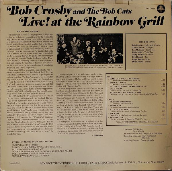 Bob Crosby And The Bob Cats - Live! At The Rainbow Grill (LP, Album)