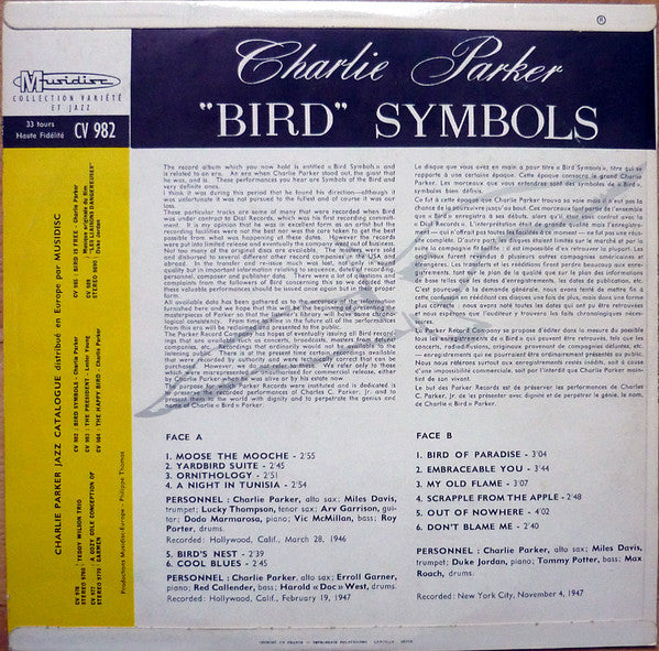 Charlie Parker - ""Bird"" Symbols (LP, Album, RE, RP)