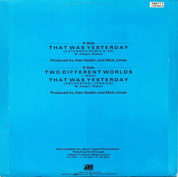 Foreigner - That Was Yesterday (12"", Single)
