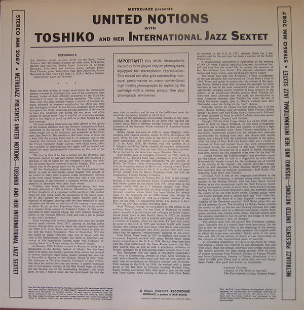 Toshiko And Her International Jazz Sextet - United Notions(LP, Albu...