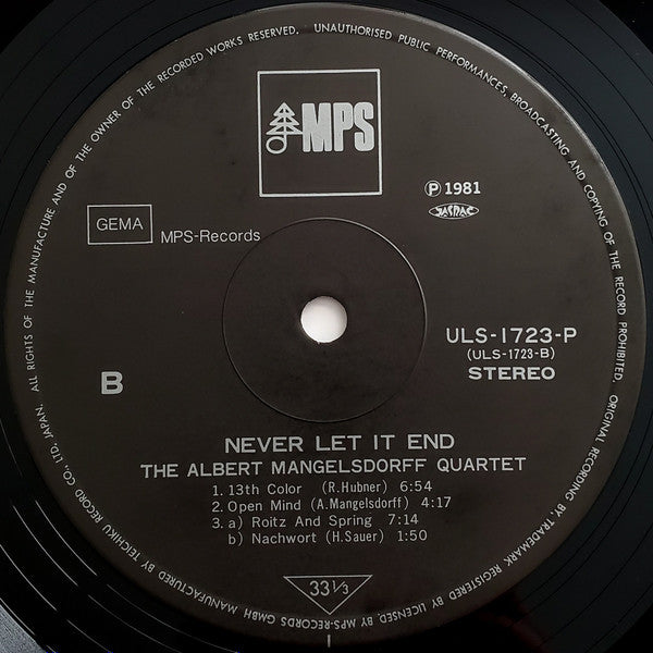 The Albert Mangelsdorff Quartet - Never Let It End (LP, Album, RE)