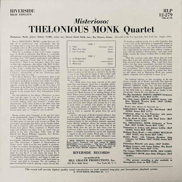 Thelonious Monk Quartet* - Misterioso (LP, Album, RE)