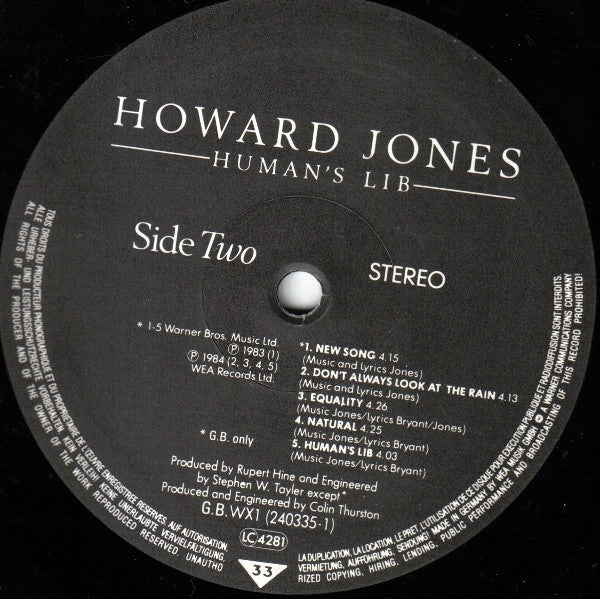 Howard Jones - Human's Lib (LP, Album, Bla)