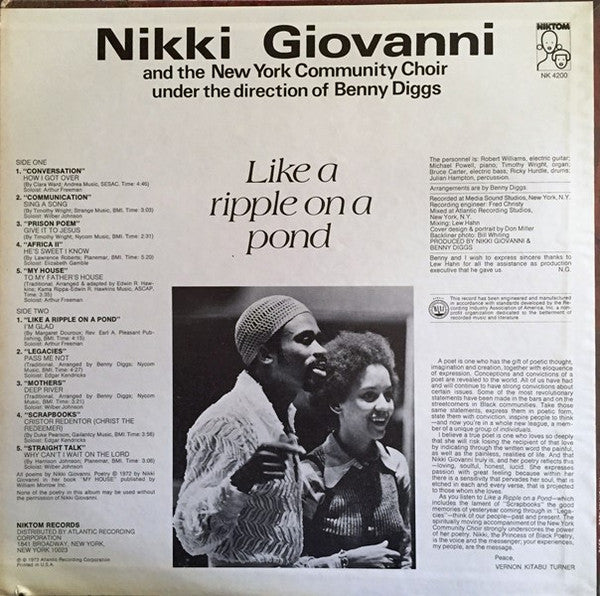 Nikki Giovanni - Like A Ripple On A Pond(LP, Album, RI )