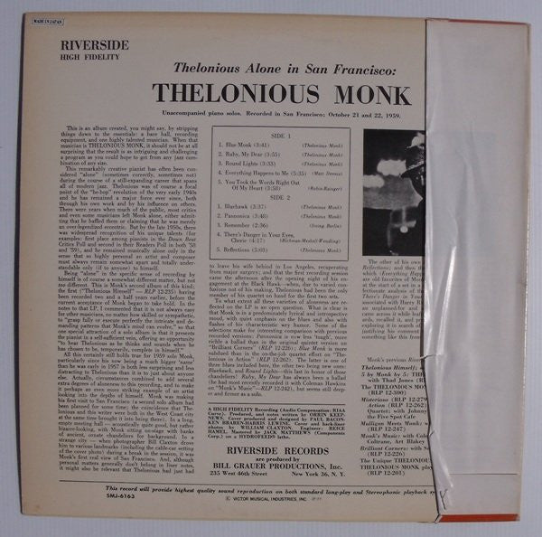 Thelonious Monk - Thelonious Alone In San Francisco (LP, Album, RE)