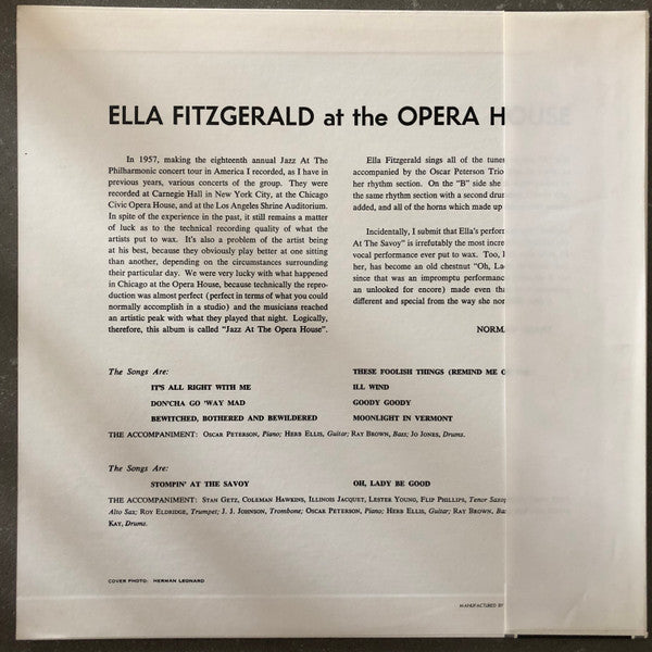 Ella Fitzgerald - Ella Fitzgerald At The Opera House(LP, Album, Mon...