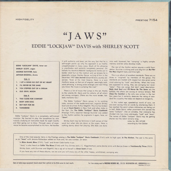 Eddie ""Lockjaw"" Davis With Shirley Scott - Jaws (LP, Album, Mono)