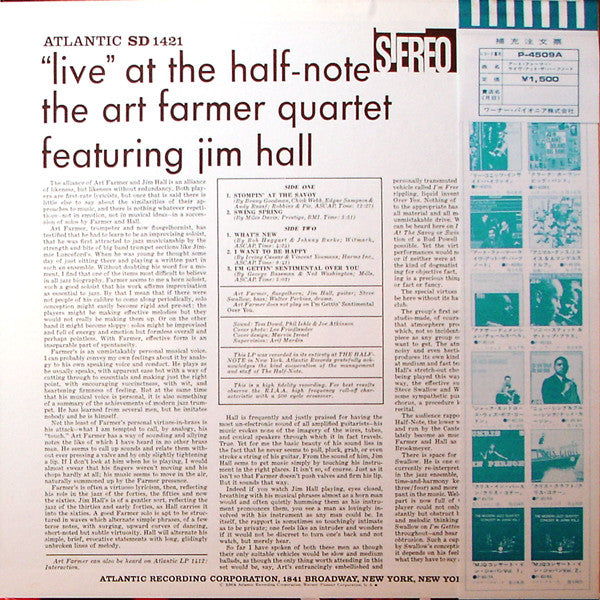 Art Farmer Quartet - ""Live"" At The Half-Note(LP, Album, RE)