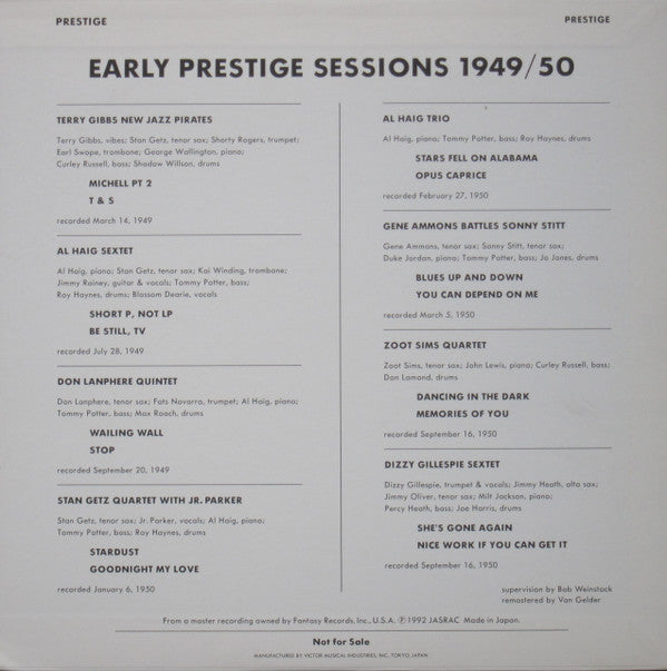 Various - Early Prestige Sessions 1949 / 50 (LP, Album, Comp, Promo)