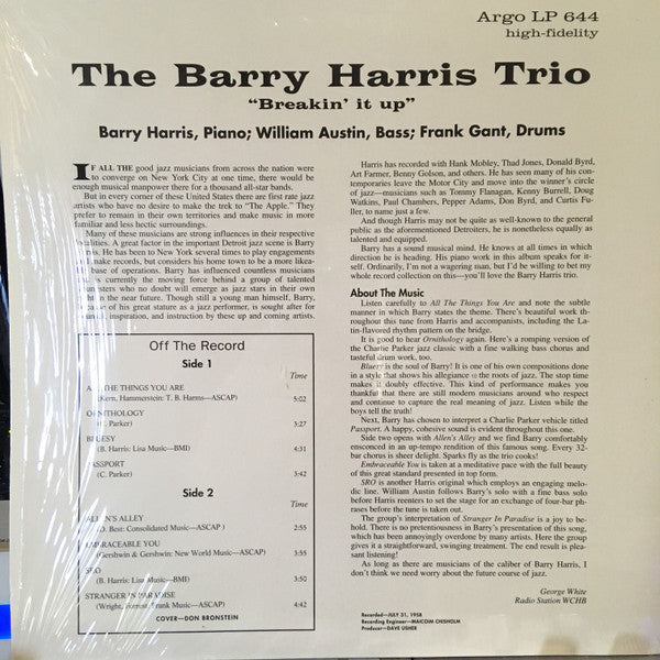 The Barry Harris Trio* - Breakin' It Up (LP, Album)